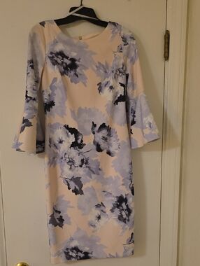 Calvin Klein Lavender Floral Bell-Sleeve Dress in Cream